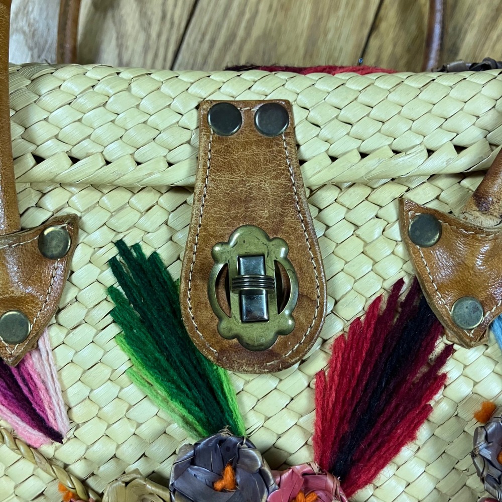 Vintage Straw Woven Tote Bag Floral Feather Embroidery‎ Top Handle Clutch - Picture 7 of 9